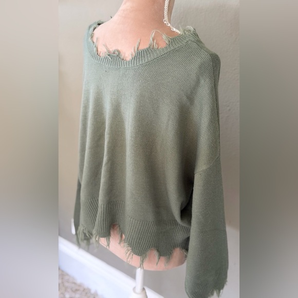 Olive Green Distressed Sweater Top - Picture 6 of 13